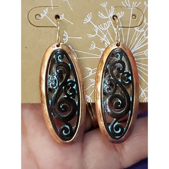 Copper Tone Metal Dangle Earrings, Oval Shape with Antiqued Bronze Scrollwork - Picture 4 of 10